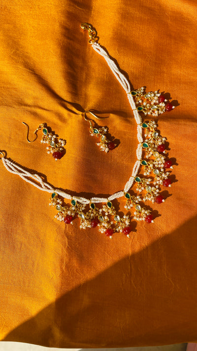 Red Gold Tone Pearls Choker Necklace Set