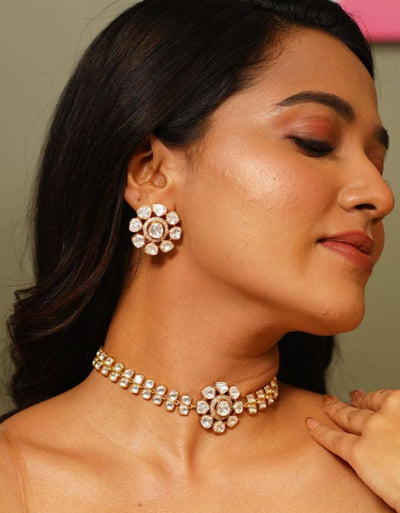 Gold Tone Moissanite Polki Choker Set