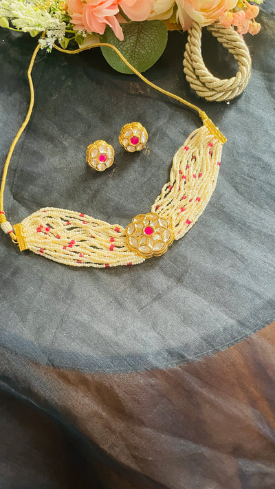 Red Gold Tone Pearls Choker Necklace Set