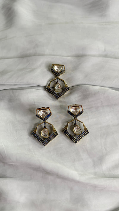 Blue Gold Tone Polki Earrings with Pendant