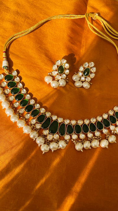 Green Gold Tone Polki Bridal Necklace Set