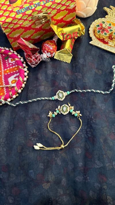 Green Kundan Rakhi & Lumba Set