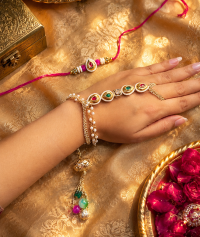 Green Red Kundan Rakhi and Haathphool Lumba Set