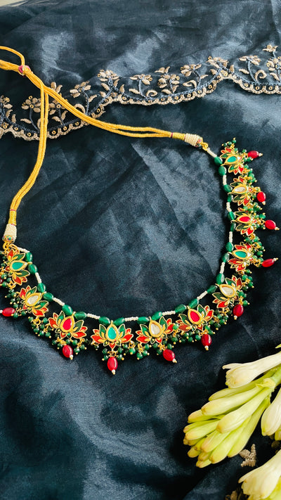 Red Green Gold Tone Lotus Necklace