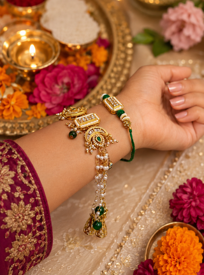 Green Kundan Rakhi and Kashmiri Lumba Couple Set