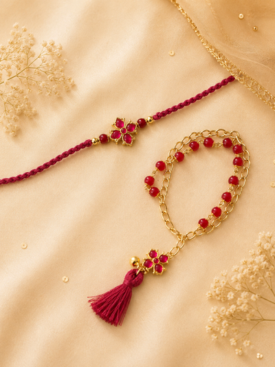 Magenta Kundan Rakhi and Lumba Bracelet Set