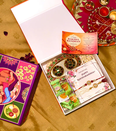 Red White Kundan Rakhi & Lumba Hamper Set