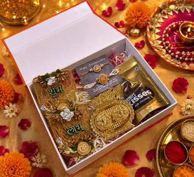 Peach White Kundan Rakhi & Lumba Hamper Set
