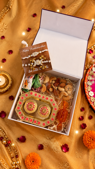 White Kundan and Pearls Rakhi & Lumba Hamper Set