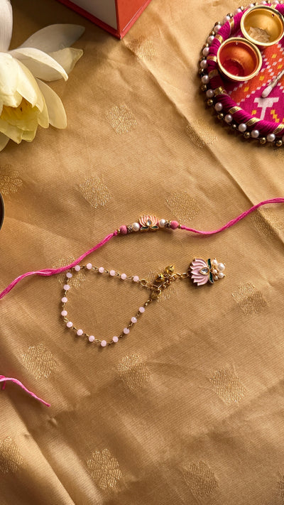 Pink Lotus Rakhi and Tie Up Lumba Set