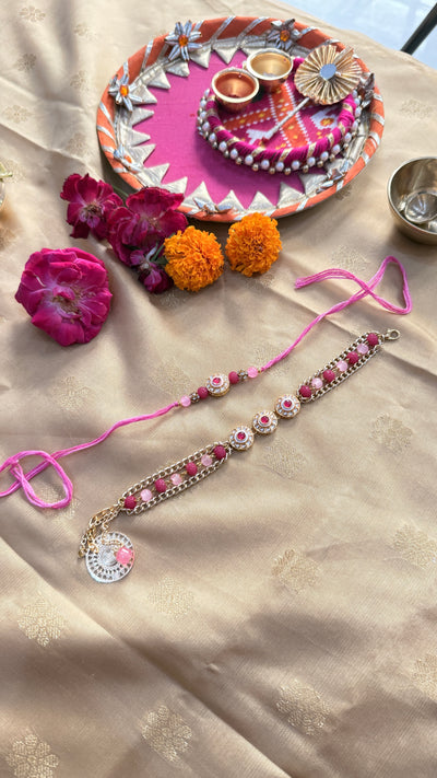 Pink Magenta Kundan Rakhi and Bracelet Style Lumba Set