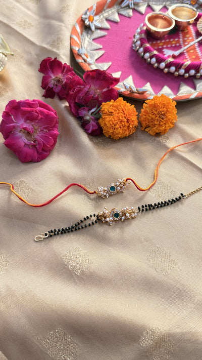 Green Kundan Rakhi and Mangalsutra Bracelet