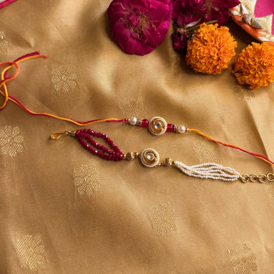 Red White Kundan Rakhi and Lumba Set