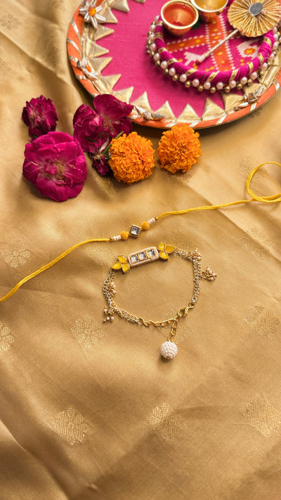 Yellow Kundan Rakhi and Lumba Couple Set