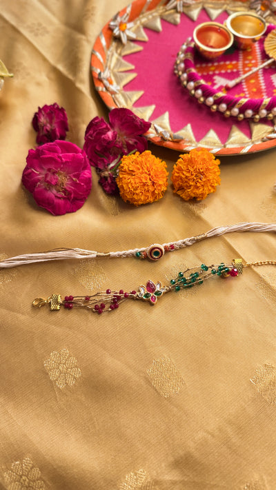 Red Green Kundan Rakhi and Lumba Set