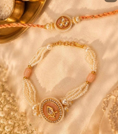 Peach Kundan Rakhi and Lumba Bracelet Set