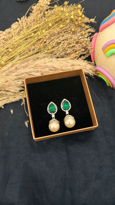 Swati Green Silver Tone Pearl Earrings