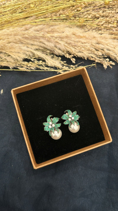 Sarika Green Silver Tone Pearl Earrings
