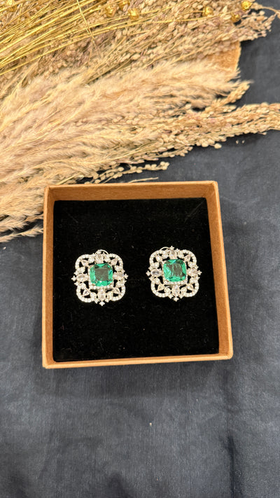 Niharika Green Silver Tone AD Earrings