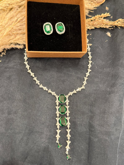 Neha Green Silver Tone AD Necklace with earrings