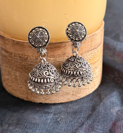 Silver Tone Oxidised Carved Jhumkas