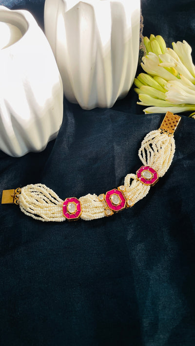Red Gold Tone Ruby Bracelet with Pearls