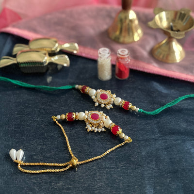 Red AD Rakhi and Lumba Set