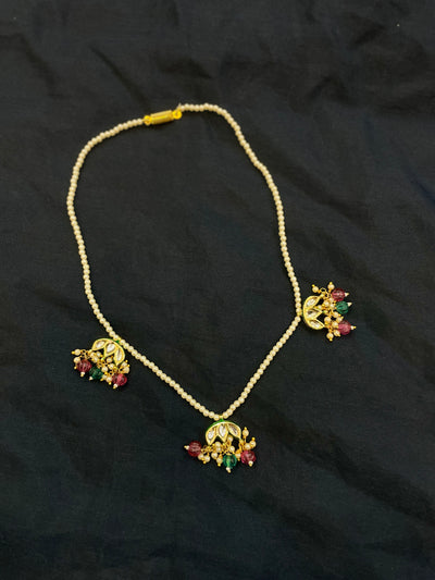 Pink Green Kundan and Pearl Necklace
