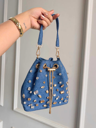 Crystal Embellished Denim Bucket Bags