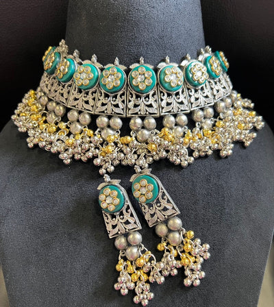 Green Dual Tone Choker Necklace with Earrings